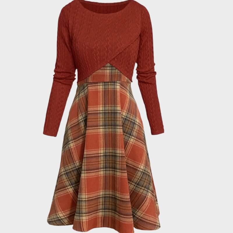 Clara – Vintage Plaid Dress with Crop Top Set